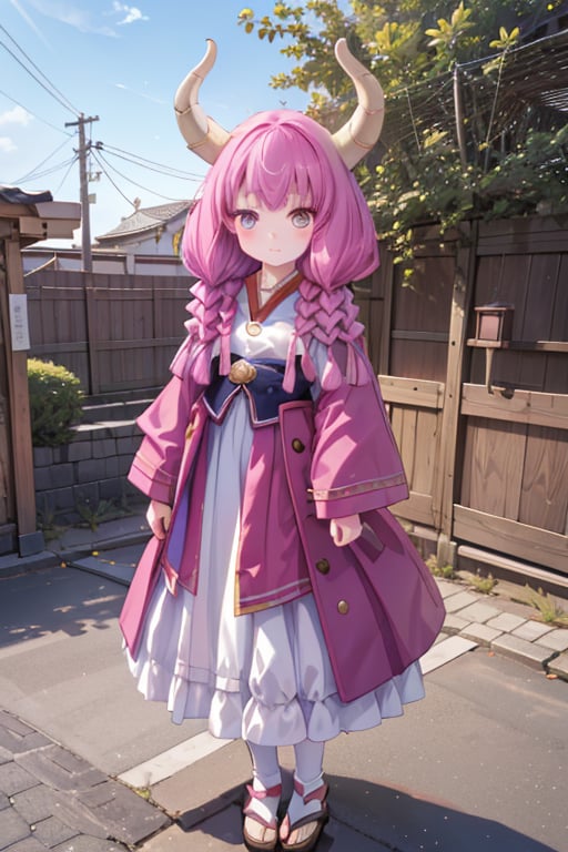 aaaura, braid, twin braids, horns, 

(A girl in a magical outfit:1.3),

Create a photorealistic, ultra-high-resolution (8K) image of a young, petite 6-year-old Japanese girl with a gentle and kind expression. She should be standing on the rooftop of a school on a bright, sunny day.