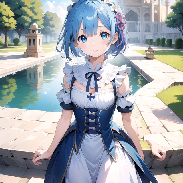 
(6 year old girl:1.7),
(cowboy shot:1.4), Rem from Re:Zero, (insanely detailed:1.1), (Ultra detailed:1.1), (8K resolution:1.2), (photorealistic:1.1), (natural lighting:1.1), young adult, big blue eyes, short light blue hair with side bangs, cute expression, wearing a distinctive maid outfit with frills and bows, blue and white color scheme, outdoors, Taj Mahal in background, bright sunny day, clear sky, looking at viewer, confident pose, (hyper-realistic:1.1), Indian architecture, marble structure, reflecting pools, ornate gardens, tourists, majestic atmosphere