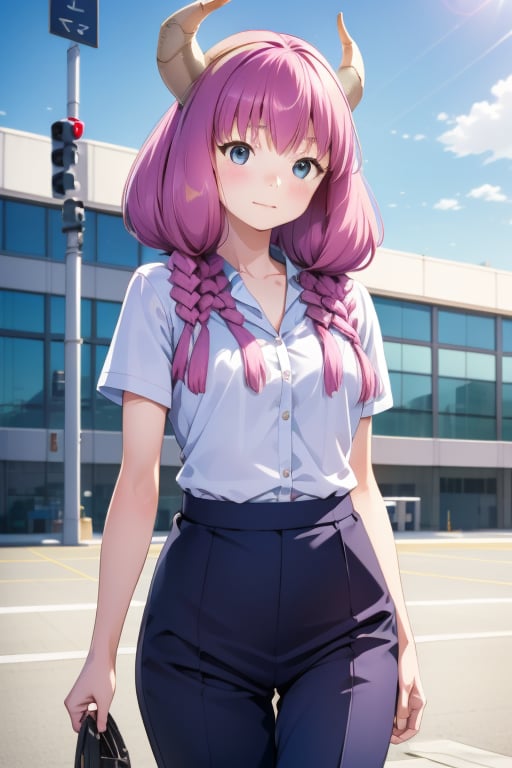 (solo:1.1),
young,
petite,
6-year-old,
Japanese girl,
gentle and kind expression,

aaaura,
braid,
twin braids,
horns,

(Office worker clothes:1.1),

looking at the viewer, cowboy shot,
airport,


bright,
sunny day,

photorealistic,
ultra-high-resolution,
8K,
