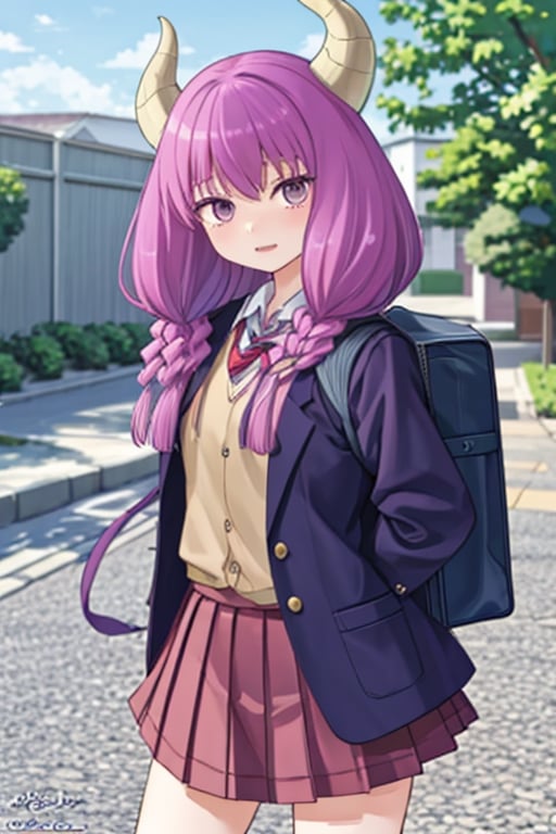 aaaura, braid, twin braids, horns, 

Highly detailed, photorealistic portrait of a young, petite Japanese high school girl with long, beautiful hair in twin braids, wearing a school uniform with a pleated skirt, blazer, tie, and loafers, carrying a backpack. She has a gentle, kind expression and looks like a cute, pretty idol. The image is ultra-detailed, masterfully crafted, and of the highest picture quality.