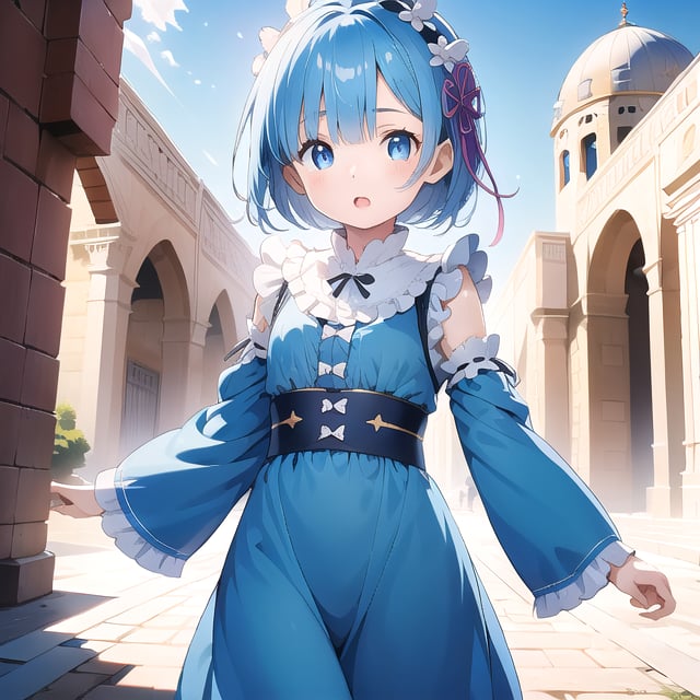 
(6 year old girl:1.7),
(cowboy shot:1.4), Rem from Re:Zero, (insanely detailed:1.1), (Ultra detailed:1.1), (8K resolution:1.2), (photorealistic:1.1), (natural lighting:1.1), young adult, big blue eyes, short light blue hair with side bangs, cute expression, wearing a distinctive maid outfit with frills and bows, blue and white color scheme, outdoors, Kaaba in Mecca as background, bright sunny day, clear sky, looking at viewer, confident pose, (hyper-realistic:1.1), Islamic architecture, pilgrims, Grand Mosque, sacred atmosphere