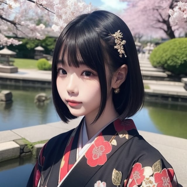 A stunning portrait of an 8-year-old Japanese girl, radiating beauty and innocence. She has long, flowing black hair, large, expressive dark eyes, and a delicate, heart-shaped face. She is wearing a traditional Japanese kimono, adorned with intricate patterns and vibrant colors. The background is a serene Japanese garden with cherry blossoms in full bloom. Highly detailed, masterpiece, 8K resolution.