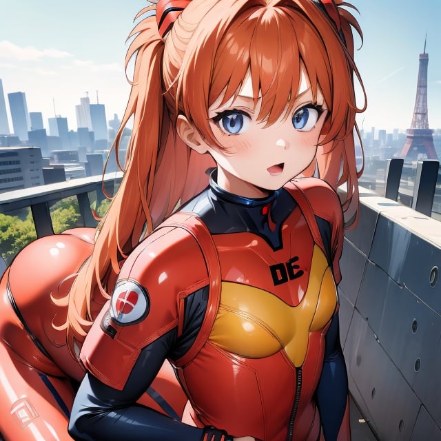 (6 year old girl:1.7), Asuka Langley Soryu from Neon Genesis Evangelion, young child, blue eyes, orange hair, hair between eyes, cute expression, childlike features, wearing a red plugsuit, outdoors, looking at viewer, innocent pose, background is Tokyo Tower, cityscape