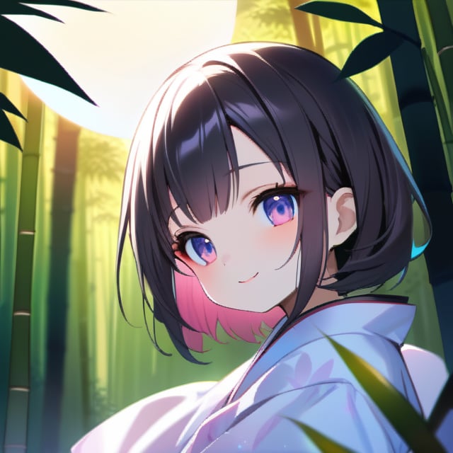 
 (black hair:1.5),
masterpiece, best quality, intricate details, (kaguya-hime:1.5), (little girl:1.5), (petite:1.5), beautiful child, light pink hair, white skin, light purple eyes, traditional Japanese kimono, bamboo forest background, full moon in sky, ethereal glow, innocent smile, (childlike features:1.2), (fairy tale atmosphere:1.3), upper body portrait, 
