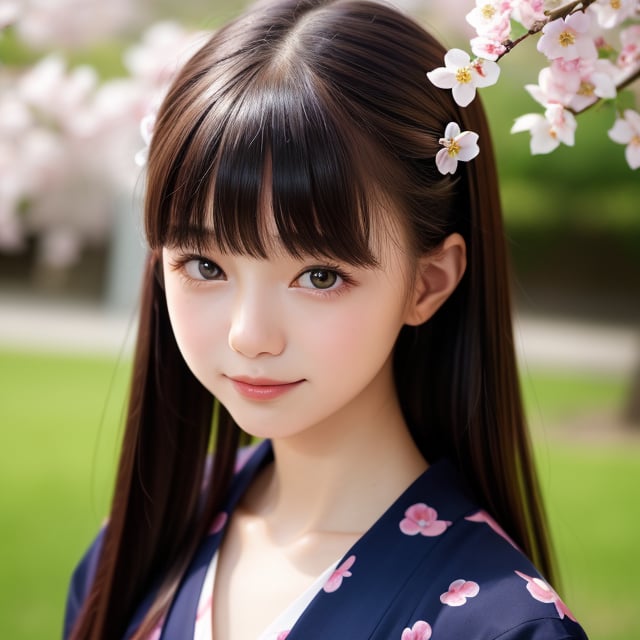 A stunning portrait of an 8-year-old Japanese girl, radiating beauty and innocence. She has long, flowing black hair, large, expressive dark eyes, and a delicate, heart-shaped face. She is wearing a traditional Japanese kimono, adorned with intricate patterns and vibrant colors. The background is a serene Japanese garden with cherry blossoms in full bloom. Highly detailed, masterpiece, 8K resolution.