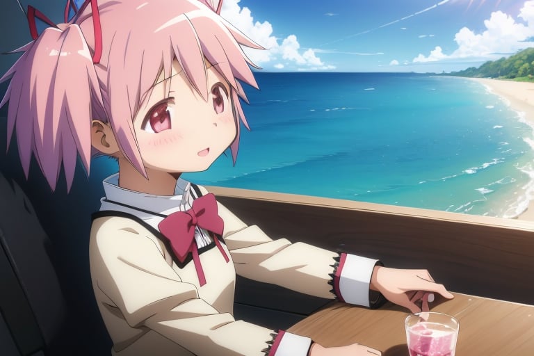 (6 year old girl:1.7), 
medium shot,
best quality, masterpiece, highres, solo, (kaname_madoka_puellamagimadokamagica:1.15), pink_hair, short_hair, twintails, short_twintails, pink_eyes, ribbon, hair_ribbon, bow, blush, 1girl, mitakihara_school_uniform, official_style, parody, school_uniform, background: bright sunny day at the beach by the sea