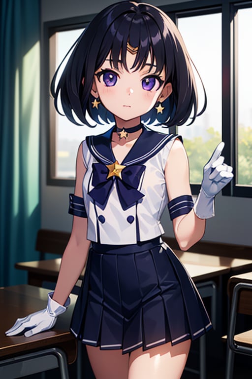  (A five-year-old girl:1.5),
 (Five years old:1.5),
 (infant:1.5),
 (little girl:1.5),
A beautiful and detailed illustration of a 6-year-old Japanese schoolgirl in a classroom setting, incorporating Sailor Saturn elements. She has short purple hair, purple eyes, and is wearing a magical girl outfit with a sailor senshi uniform, miniskirt, purple sailor collar, white gloves, circlet, brooch, choker, earrings, gloves, jewelry, and a star choker. The image should be in a high-quality, 8k resolution, with perfect lighting, extremely detailed CG, and perfect hands and anatomy. The girl should be looking at the viewer in a cowboy shot, with a natural light source and a school background. 