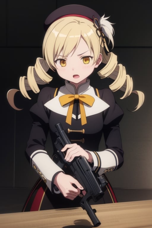 best quality, masterpiece, highres, solo, blonde_hair, drill_hair, twin_drills, twintails, hair_ornament, yellow_eyes, magical_girl, 1girl, beret, gun, hat, parody, weapon, open_mouth