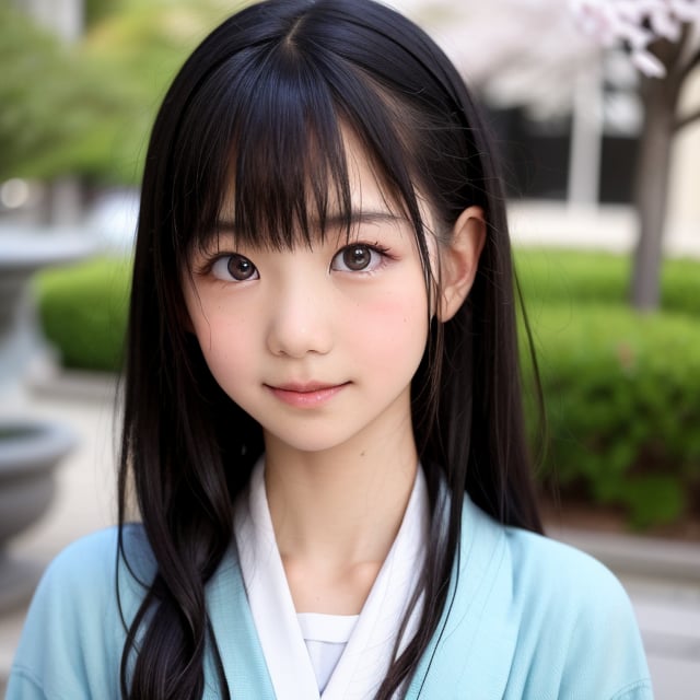 A stunning portrait of an 8-year-old Japanese girl, radiating beauty and innocence. She has long, flowing black hair, large, expressive dark eyes, and a delicate, heart-shaped face. She is wearing a traditional Japanese kimono, adorned with intricate patterns and vibrant colors. The background is a serene Japanese garden with cherry blossoms in full bloom. Highly detailed, masterpiece, 8K resolution.