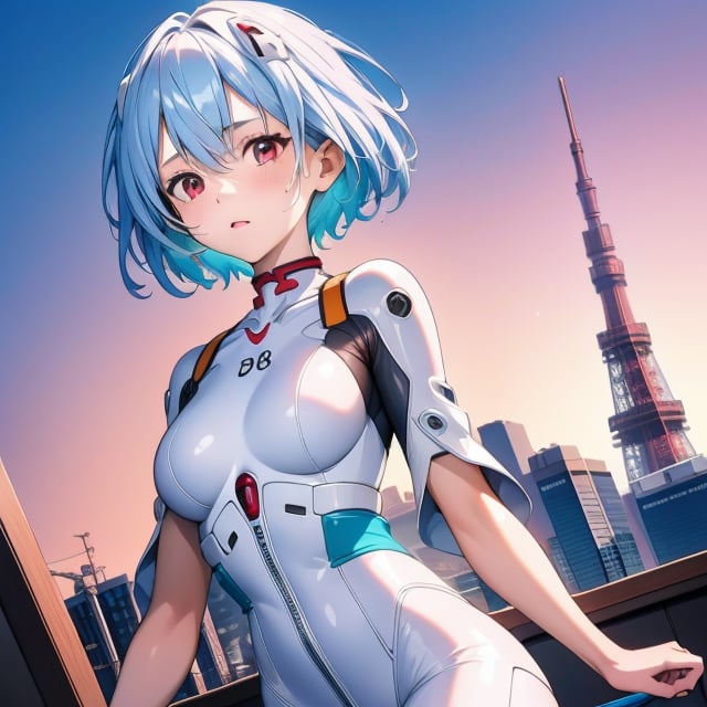 (6 year old girl:1.7), ayanami_rei, (insanely detailed:1.1), (Ultra detailed:1.1), high-quality 8K illustration, (cowboy shot:1.4), 1girl, looking at viewer, solo, blue hair, red eyes, hair between eyes, (short hair:1.2), (white and blue plugsuit:1.3), (neural connectors:1.1), on a bright sunny day, (Tokyo Tower in background:1.4), beautiful detailed sky, beautiful detailed glow, posing in front of a dynamic background, masterpiece, best quality, beautiful and aesthetic, female focus, wallpaper
