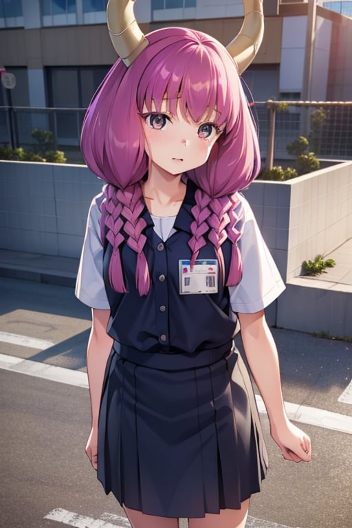 aaaura, braid, twin braids, horns, 

(Office worker clothes:1.3),

Create a photorealistic, ultra-high-resolution (8K) image of a young, petite 6-year-old Japanese girl with a gentle and kind expression. She should be wearing a nurse's uniform and standing on the rooftop of a school on a bright, sunny day.