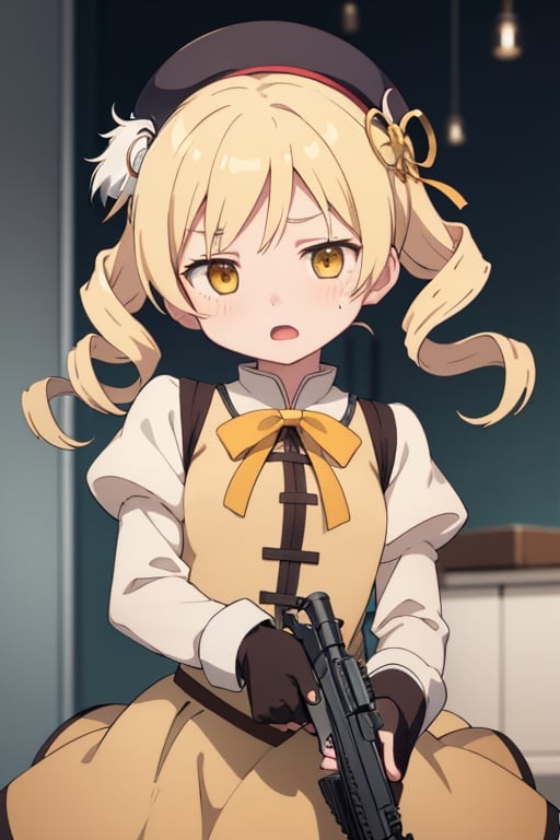 best quality, masterpiece, highres, solo, blonde_hair, drill_hair, twin_drills, twintails, hair_ornament, yellow_eyes, magical_girl, 1girl, beret, gun, hat, parody, weapon, open_mouth