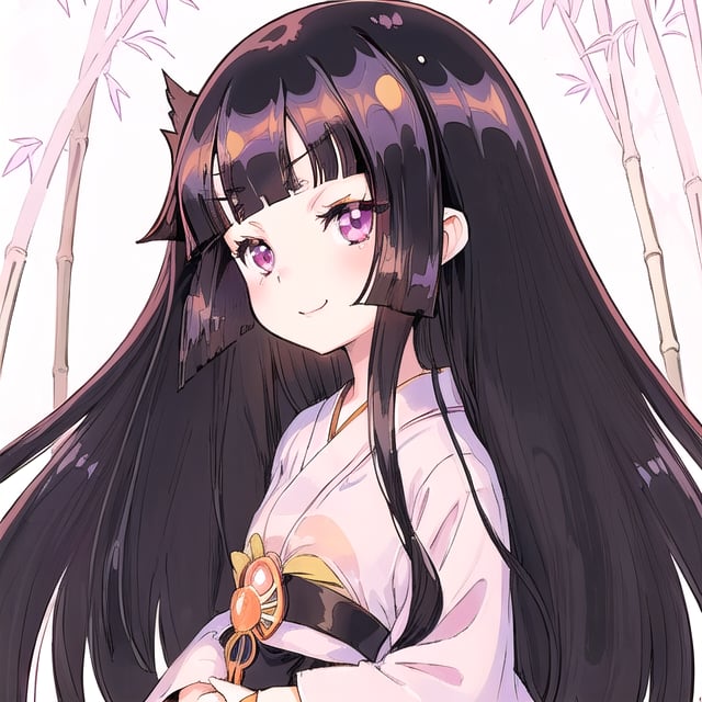 
 (black hair:1.5),
masterpiece, best quality, intricate details, (kaguya-hime:1.5), (little girl:1.5), (petite:1.5), beautiful child, light pink hair, white skin, light purple eyes, traditional Japanese kimono, bamboo forest background, full moon in sky, ethereal glow, innocent smile, (childlike features:1.2), (fairy tale atmosphere:1.3), upper body portrait, 
