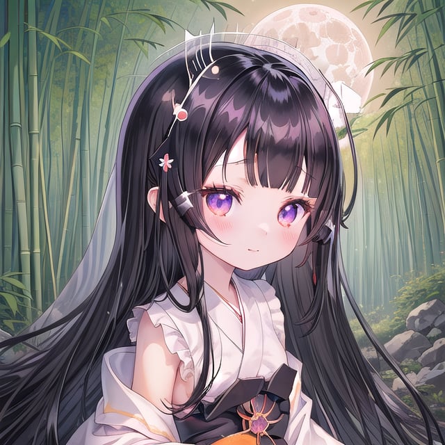 
 (black hair:1.5),
masterpiece, best quality, intricate details, (kaguya-hime:1.5), (little girl:1.5), (petite:1.5), beautiful child, light pink hair, white skin, light purple eyes, traditional Japanese kimono, bamboo forest background, full moon in sky, ethereal glow, innocent smile, (childlike features:1.2), (fairy tale atmosphere:1.3), upper body portrait, 
