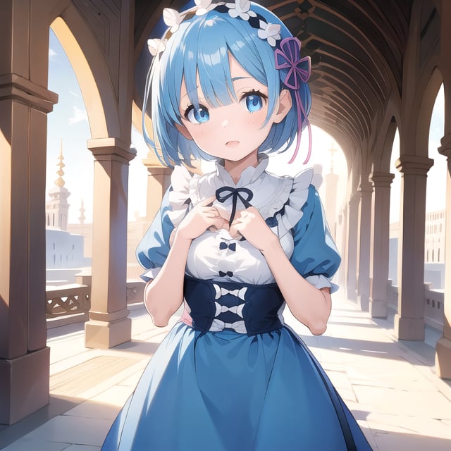 
(6 year old girl:1.7),
(cowboy shot:1.4), Rem from Re:Zero, (insanely detailed:1.1), (Ultra detailed:1.1), (8K resolution:1.2), (photorealistic:1.1), (natural lighting:1.1), young adult, big blue eyes, short light blue hair with side bangs, cute expression, wearing a distinctive maid outfit with frills and bows, blue and white color scheme, outdoors, Kaaba in Mecca as background, bright sunny day, clear sky, looking at viewer, confident pose, (hyper-realistic:1.1), Islamic architecture, pilgrims, Grand Mosque, sacred atmosphere