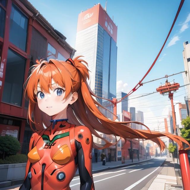 (6 year old girl:1.7), Asuka Langley Soryu from Neon Genesis Evangelion, young child, blue eyes, orange hair, hair between eyes, cute expression, childlike features, wearing a red plugsuit, outdoors, looking at viewer, innocent pose, background is Tokyo Tower, cityscape