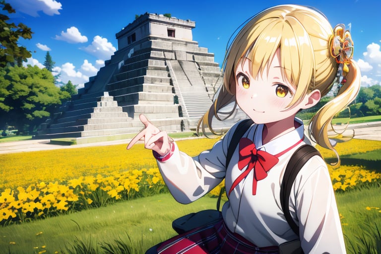 1 girl,
solo,
young Japanese girl,
around 6 years old,
bright yellow eyes,
sparkle with innocence and curiosity,
playful expression,
curious,
young,
female,
Japanese,

wearing a Japanese school uniform,
collared shirt,
pleated skirt,
backpack,

blonde hair,
styled in twin drills and twintails,
adorned with a cute hair ornament,

 front of a Mayan pyramid temple,

bright sunny day,
clear blue sky,
sunlight,

high-resolution,
highly detailed,
masterpiece,
8K,
3D,
photorealistic,

medium shot,

stunning,
visually striking,
youthful innocence,
endearing personality,
playfulness and wonder,
charm and energy of a young child,