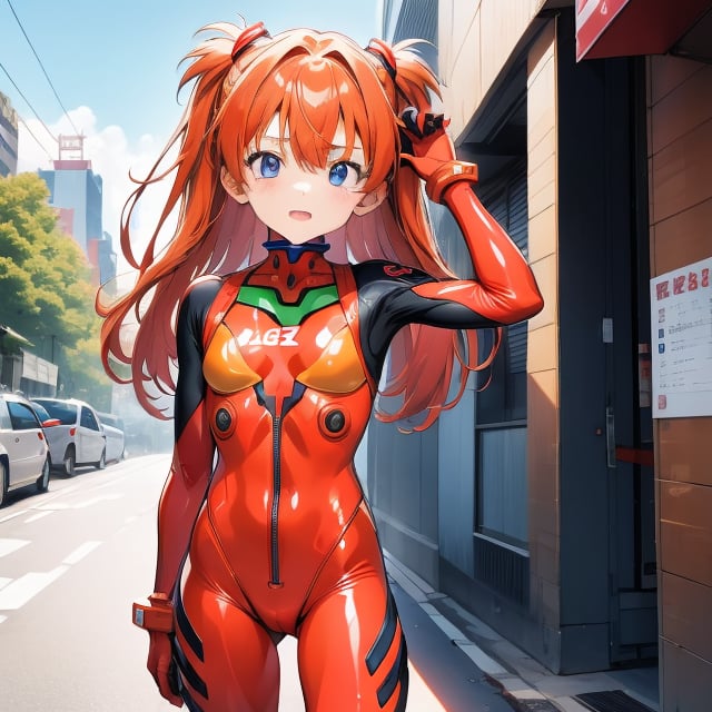 (6 year old girl:1.7), Asuka Langley Soryu from Neon Genesis Evangelion, young child, blue eyes, orange hair, hair between eyes, cute expression, childlike features, wearing a red plugsuit, outdoors, looking at viewer, innocent pose, background is Tokyo Tower, cityscape