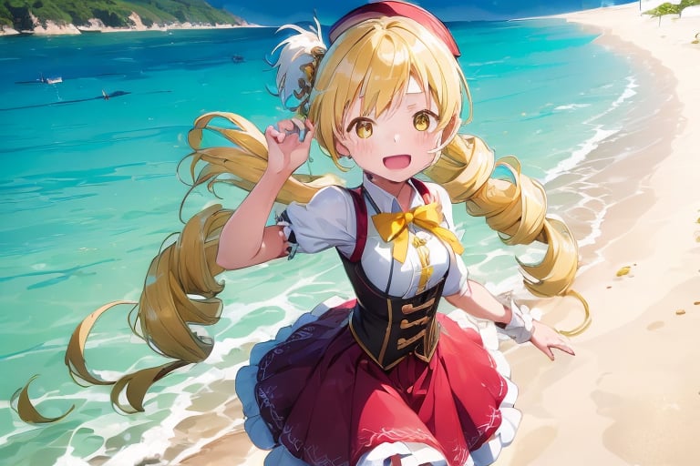 
(6 year old girl:1.7), 
standing,
(cowboy shot:1.3), 
best quality, masterpiece, highres, solo, blonde_hair, drill_hair, twin_drills, twintails, hair_ornament, yellow_eyes, magical_girl, 1girl, beret, hat, parody, bright sunny beach, ocean, sand, clear sky
