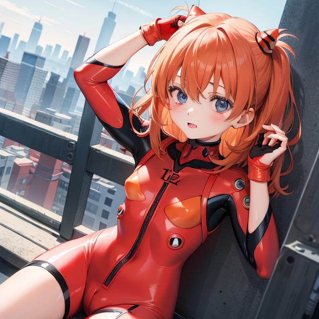 (6 year old girl:1.7), Asuka Langley Soryu from Neon Genesis Evangelion, young child, blue eyes, orange hair, hair between eyes, cute expression, childlike features, wearing a red plugsuit, outdoors, looking at viewer, innocent pose, background is Tokyo Tower, cityscape