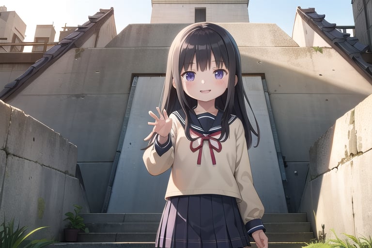 homuramagica, long hair, pantyhose, purple eyes, 

front of a Mayan pyramid temple,

1girl,
solo,
6 years old,
young female,
Japanese,
bright purple eyes,
sparkle with innocence and curiosity,
cheerful expression,
speaking,
smiling,

wearing a Japanese elementary school uniform,
pleated skirt,
sailor collar,

long black hair,

bright sunny day,
clear blue sky,
sunlight,

high-resolution,
highly detailed,
masterpiece,
8K,
photorealistic,

medium shot,
stunning,
visually striking,
