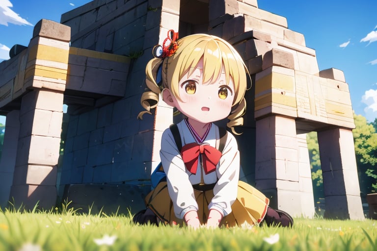 1 girl,
solo,
young Japanese girl,
around 6 years old,
bright yellow eyes,
sparkle with innocence and curiosity,
playful expression,
curious,
young,
female,
Japanese,

wearing a Japanese school uniform,
collared shirt,
pleated skirt,
backpack,

blonde hair,
styled in twin drills and twintails,
adorned with a cute hair ornament,

 front of a Mayan pyramid temple,

bright sunny day,
clear blue sky,
sunlight,

high-resolution,
highly detailed,
masterpiece,
8K,
3D,
photorealistic,

medium shot,

stunning,
visually striking,
youthful innocence,
endearing personality,
playfulness and wonder,
charm and energy of a young child,