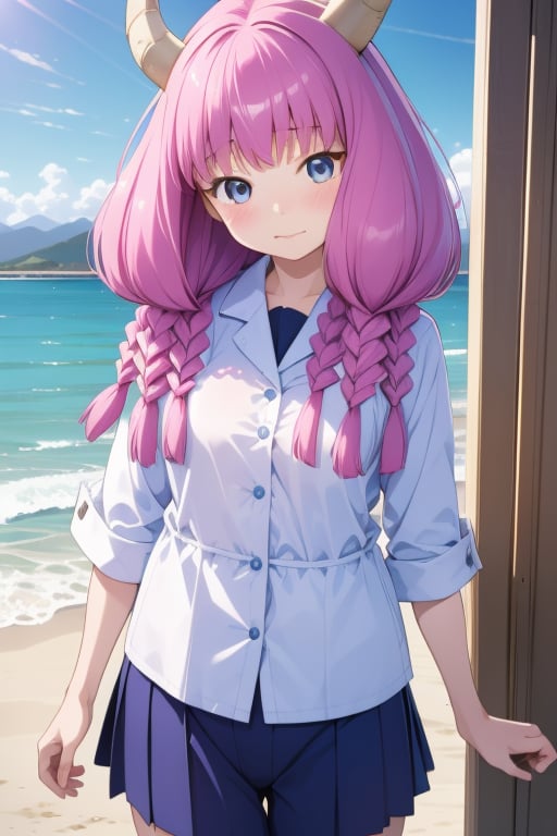 (solo:1.1),
petite,
6-year-old,
Japanese girl,
gentle and kind expression,

aaaura,
braid,
twin braids,
horns,

(Office worker clothes:1.1),

looking at the viewer, cowboy shot,

Coastal beach,

bright,
sunny day,

photorealistic,
ultra-high-resolution,
8K,
