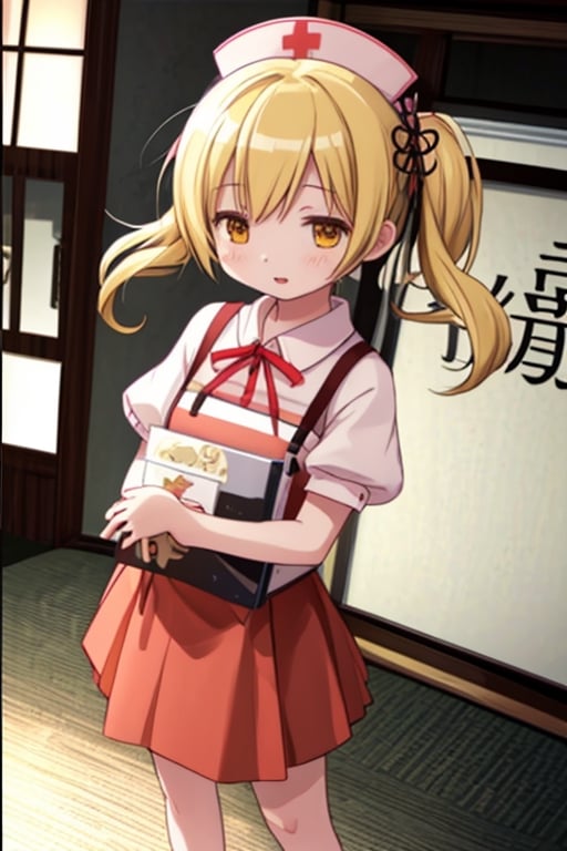 Create a stunning, high-resolution masterpiece of a solo young Japanese girl, around 6 years old, with blonde hair styled in twin drills and twintails, adorned with a cute hair ornament. Her bright yellow eyes sparkle with innocence and curiosity. She wears a traditional Japanese nurse uniform, including a collared shirt, pleated skirt, and a nurse's cap. Her expression is one of playfulness and wonder, capturing the charm and energy of a young child. Generate an image that is highly detailed and visually striking, with a focus on the character's youthful innocence and endearing personality. Highly detailed, masterpiece, 8K, 3D, photorealistic, 1 girl, solo, young, female, Japanese, nurse uniform, nurse's cap, playful expression, curious.