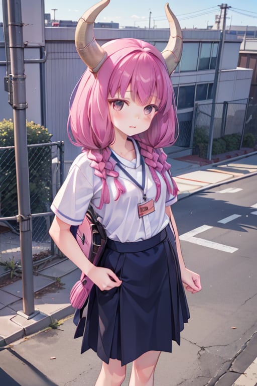 aaaura, braid, twin braids, horns, 

(Office worker clothes:1.3),

Create a photorealistic, ultra-high-resolution (8K) image of a young, petite 6-year-old Japanese girl with a gentle and kind expression. She should be wearing a nurse's uniform and standing on the rooftop of a school on a bright, sunny day.