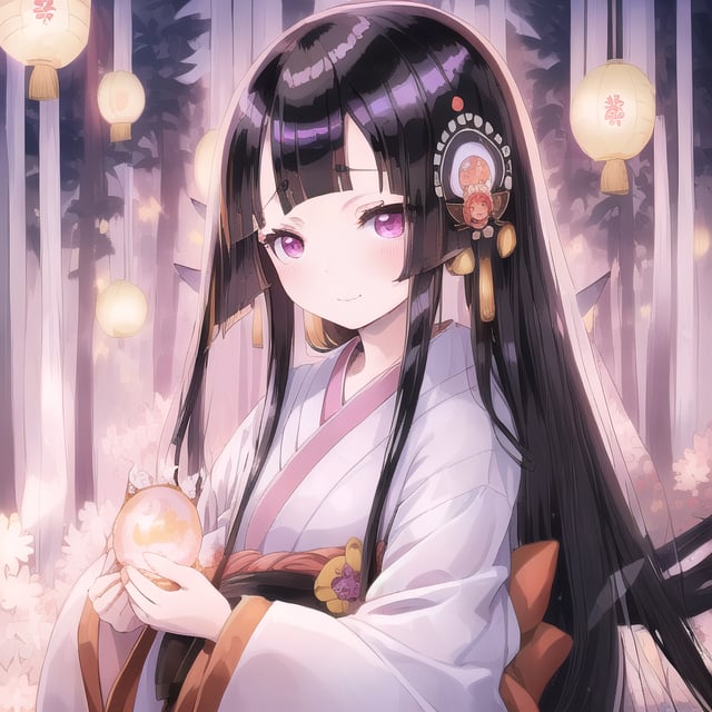 
 (black hair:1.5),
masterpiece, best quality, intricate details, (kaguya-hime:1.5), (little girl:1.5), (petite:1.5), beautiful child, light pink hair, white skin, light purple eyes, traditional Japanese kimono, bamboo forest background, full moon in sky, ethereal glow, innocent smile, (childlike features:1.2), (fairy tale atmosphere:1.3), upper body portrait, 
