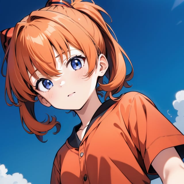 (6 year old girl:1.7), Asuka Langley Soryu from Neon Genesis Evangelion, young child, blue eyes, orange hair, hair between eyes, cute expression, childlike features, (no interface headset), wearing a red dress or casual children's outfit, outdoors, looking at viewer, innocent pose, background is Tokyo Imperial Palace