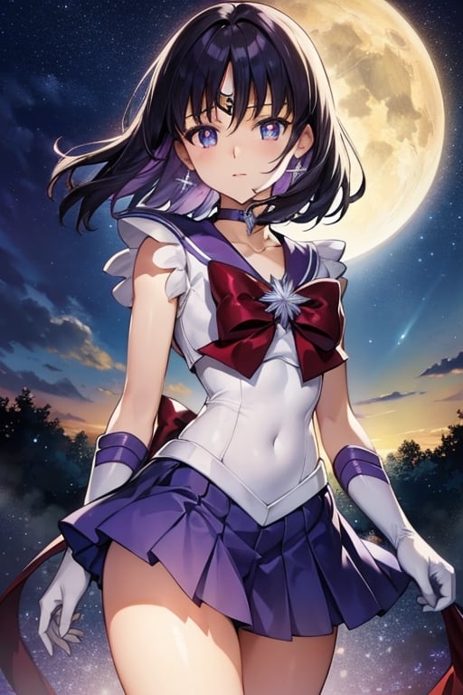 sailorsaturn, sailor saturn, (purple eyes:1.1), short hair, purple hair, circlet,BREAK brooch, choker, earrings, gloves, jewelry, magical girl, miniskirt, purple sailor collar, sailor collar, sailor senshi uniform, skirt, star choker, white gloves,BREAK outdoors, night, sky, star \(sky\), moon,BREAK looking at viewer, (cowboy shot:1.5),BREAK (masterpiece:1.2), best quality, high resolution, unity 8k wallpaper, (illustration:0.8), (beautiful detailed eyes:1.6), extremely detailed face, perfect lighting, extremely detailed CG, (perfect hands, perfect anatomy),sailor saturn