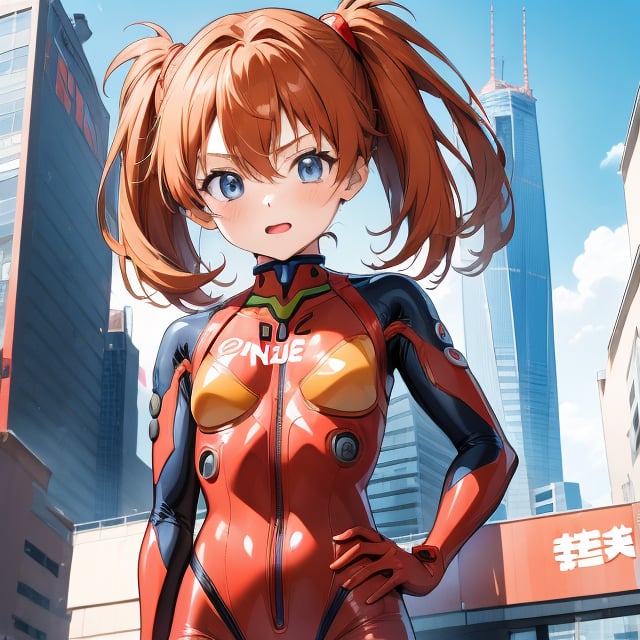 (6 year old girl:1.7), Asuka Langley Soryu from Neon Genesis Evangelion, young child, blue eyes, orange hair, hair between eyes, cute expression, childlike features, wearing a red plugsuit, outdoors, looking at viewer, innocent pose, background is Tokyo Tower, cityscape