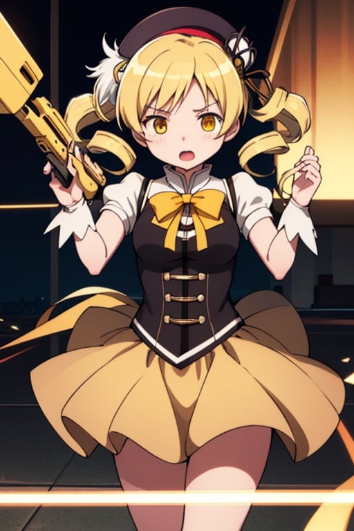 best quality, masterpiece, highres, solo, blonde_hair, drill_hair, twin_drills, twintails, hair_ornament, yellow_eyes, magical_girl, 1girl, beret, gun, hat, parody, weapon, open_mouth