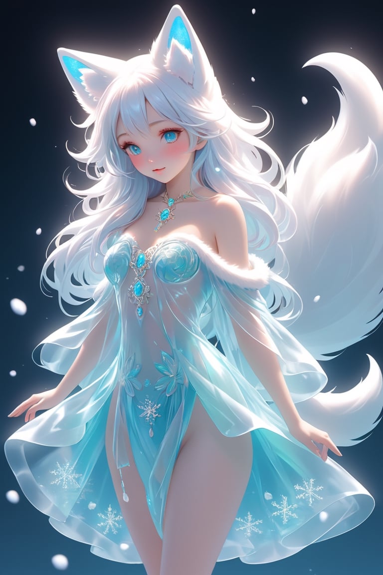 the fur beautiful, body, full body, hairyskin,fantasy, subsurface scattering, perfect anatomy,  glow, bloom, Bioluminescent liquid,china style,Movie Still, royal color, vibrant, volumetric light (masterpiece, top quality, best quality, official art, beautiful and aesthetic:1.2), (1girl),extreme detailed,(abstract, fractal art:1.3),colorful hair,highest detailed, detailed_eyes,snowflakes, ice crystals, light_particles,snow fox girl,babyface, perfect body, five fingers, perfect hands, anatomically perfect body, sexy posture,(aqua eyes),(white hair), long straight hair,(white fur off-shoulder ), barefeet, fox, dance Stance,dynamic angle,depth of field, hyper detailed, highly detailed, beautiful, small details, ultra detailed, best quality, 4k,(whole body),spirit fox Pendant,mythical clouds