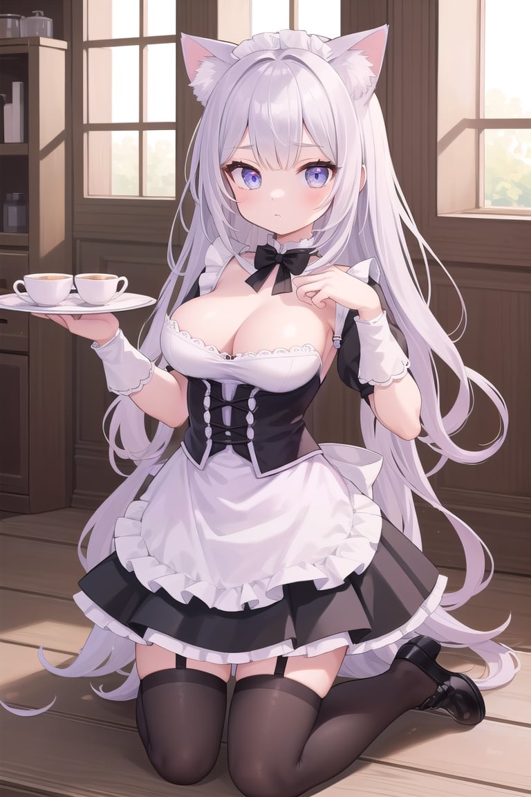 Cafe, girl, cat ears, maid outfit, kneeling Super Detailed, Best Quality, 4k (Masterpiece, Top Quality, Best Quality, Official Art, Beauty & Aesthetics: 1.2) Most Detailed, Detailed Eyes (1 girl), perfect body, five fingers, perfect hands, anatomically perfect body,one breast out