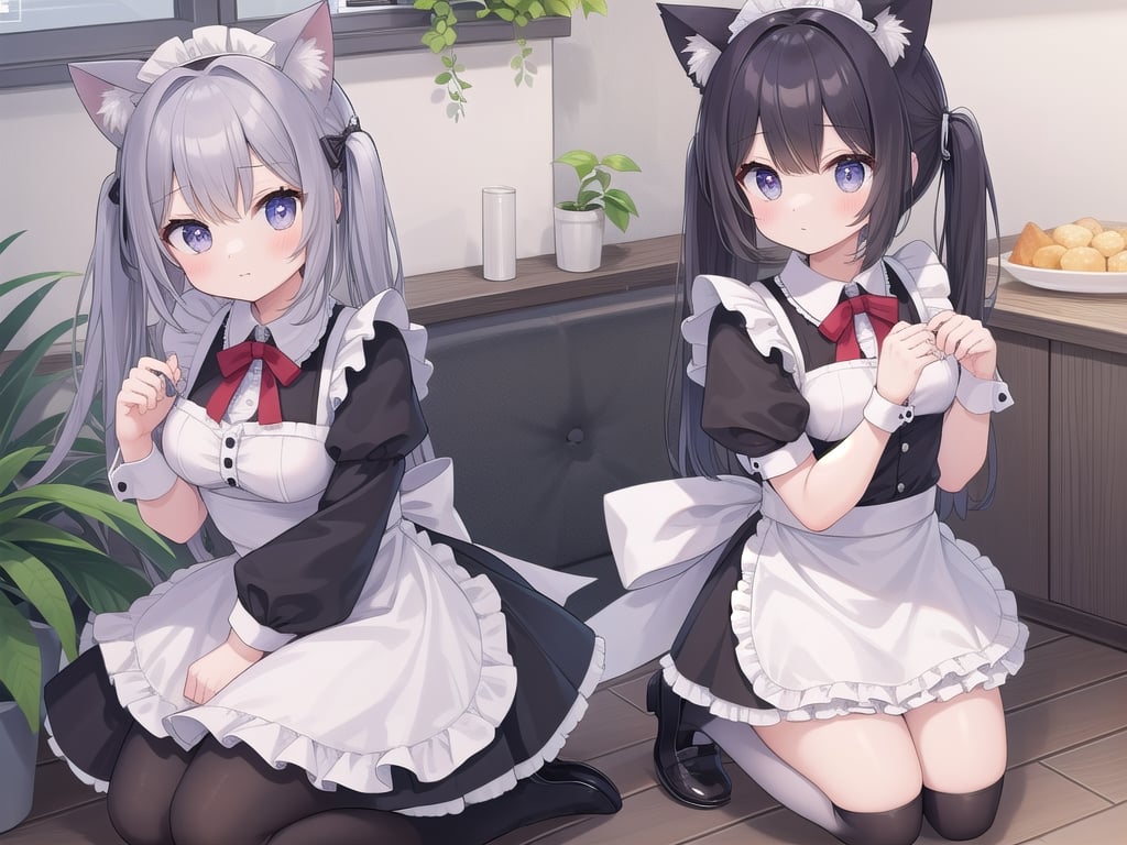 In the cafe, girl, cat ears, maid outfit, kneeling