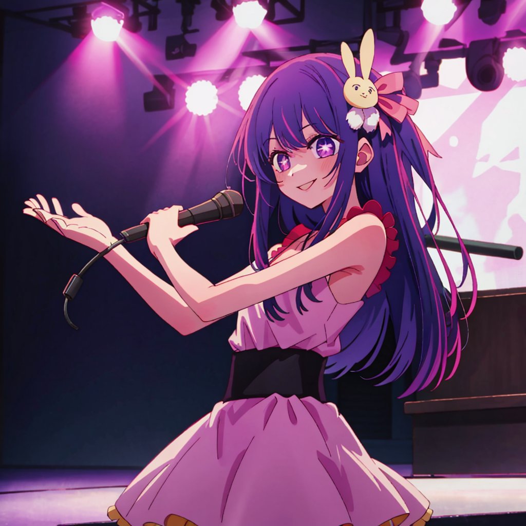 Put on Ai Hoshino costume, purple hair, purple eyes, beautiful, bunny hair accessories, untied, purple eyes, concert, alone, smile, girl