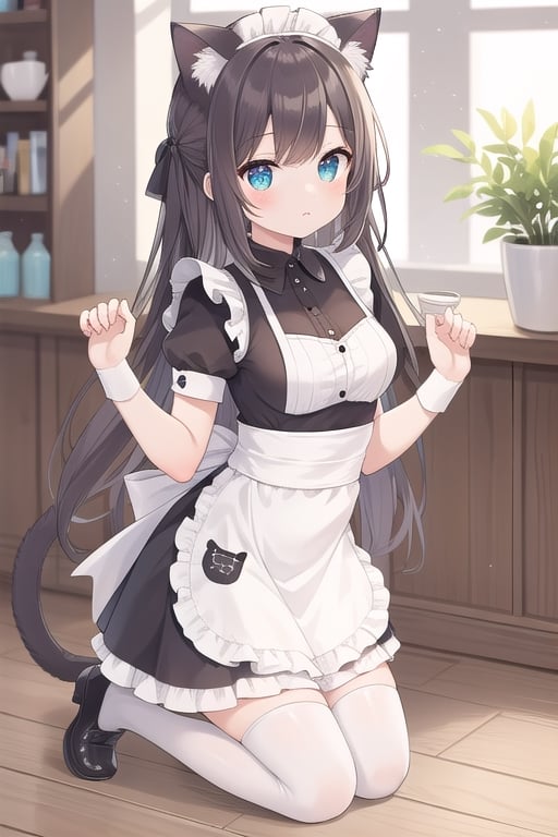 In the cafe, girl, cat ears, maid outfit, kneeling