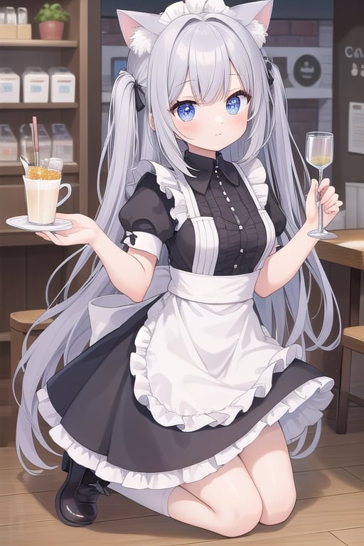 In the cafe, girl, cat ears, maid outfit, kneeling