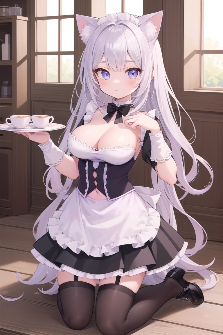 Cafe, Girl, Cat Ears, Maid Outfit, Kneeling Super Detailed, Best Quality, 4k (Masterpiece, Top Quality, Best Quality, Official Art, Beauty & Aesthetics: 1.2) Most Detailed, Detailed Eyes (1 Girl ), perfect body, five fingers, perfect hands, anatomically perfect body, navel exposed, (shy expression)