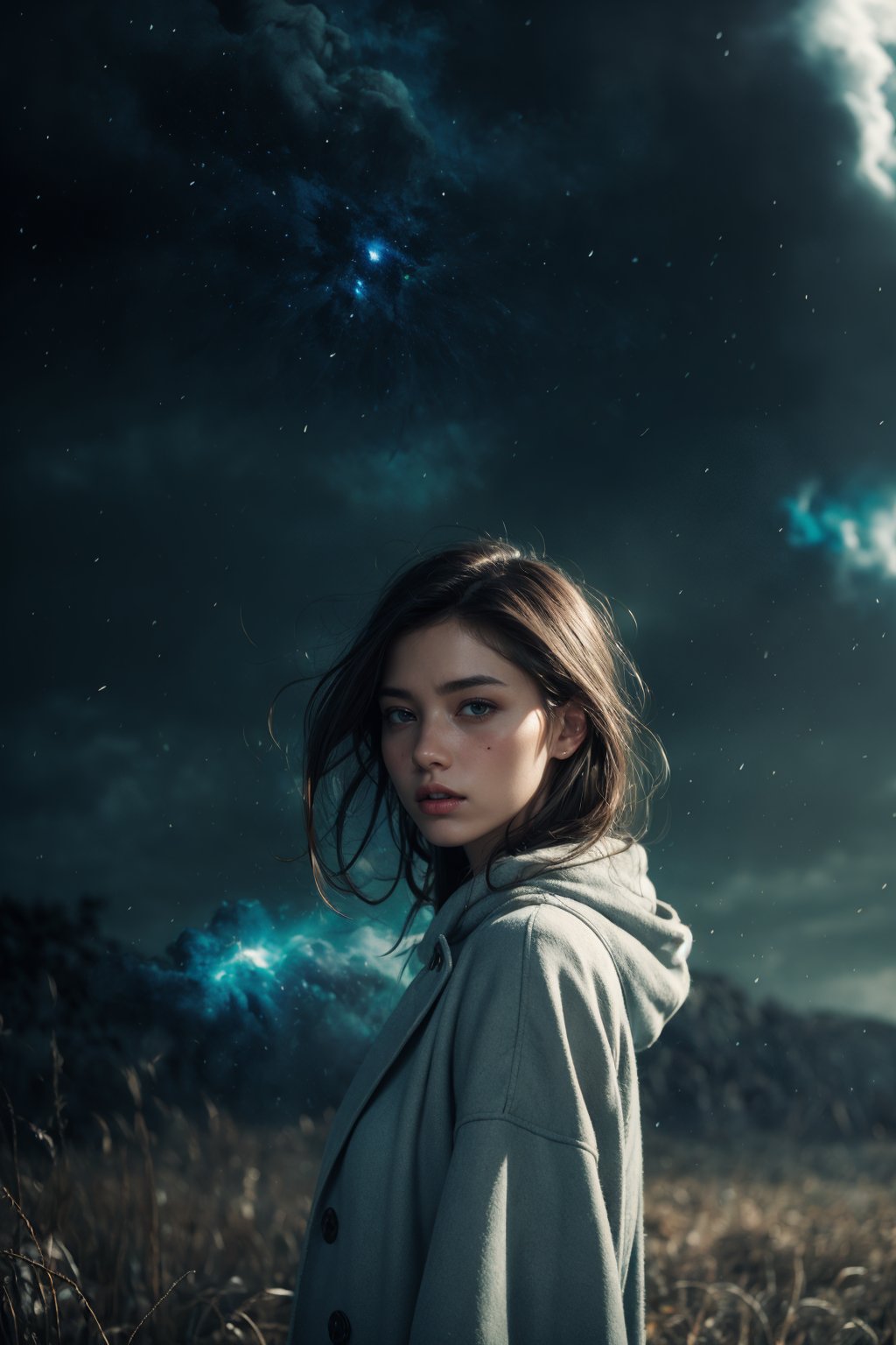of a beatutiful woman wearing a long coat on a open field,  embers of memories,  colorful by Skydolpin on Tensor.Art