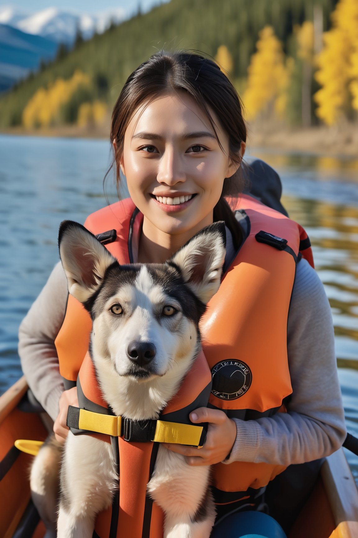 (masterpiece:1.3, Best Quality, photorealistic, ultra-detailed, finely detailed, high resolution, 8K wallpaper), ((1 beautiful woman and 1 cute dog)), wearing a life jacket, handling a paddle, perfect dynamic composition, beautiful detailed eyes, smiling, close-up, on the canoe in the Yukon River,xxmix_girl,photo r3al