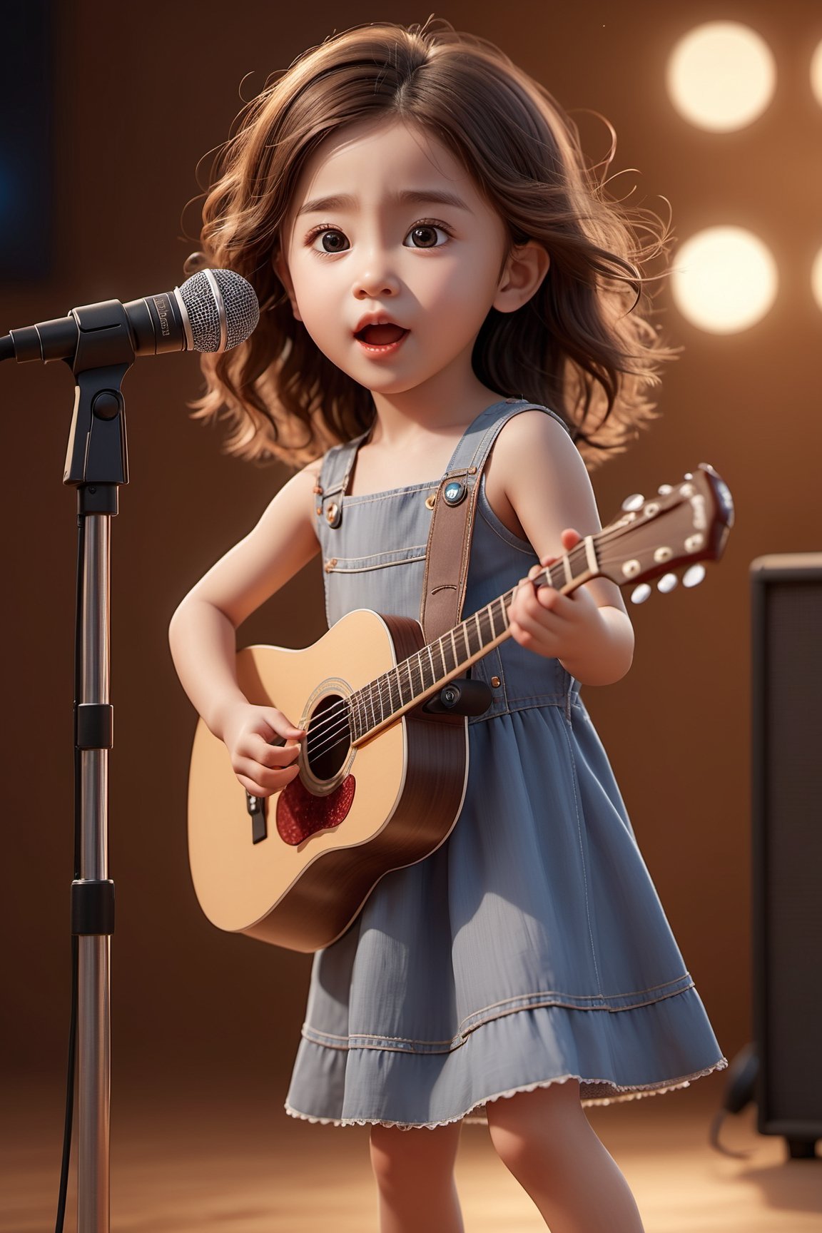 a full body portrait of 1 cute girl, 5yo, cutest vocalist, singing a song with mouth open, playing the guitar, stand microphone, on stage, highly detailed, beautiful detailed face, beautiful detailed eyes, realistic hair, realistic skin texture, 8k resolution, masterpiece, 3d style