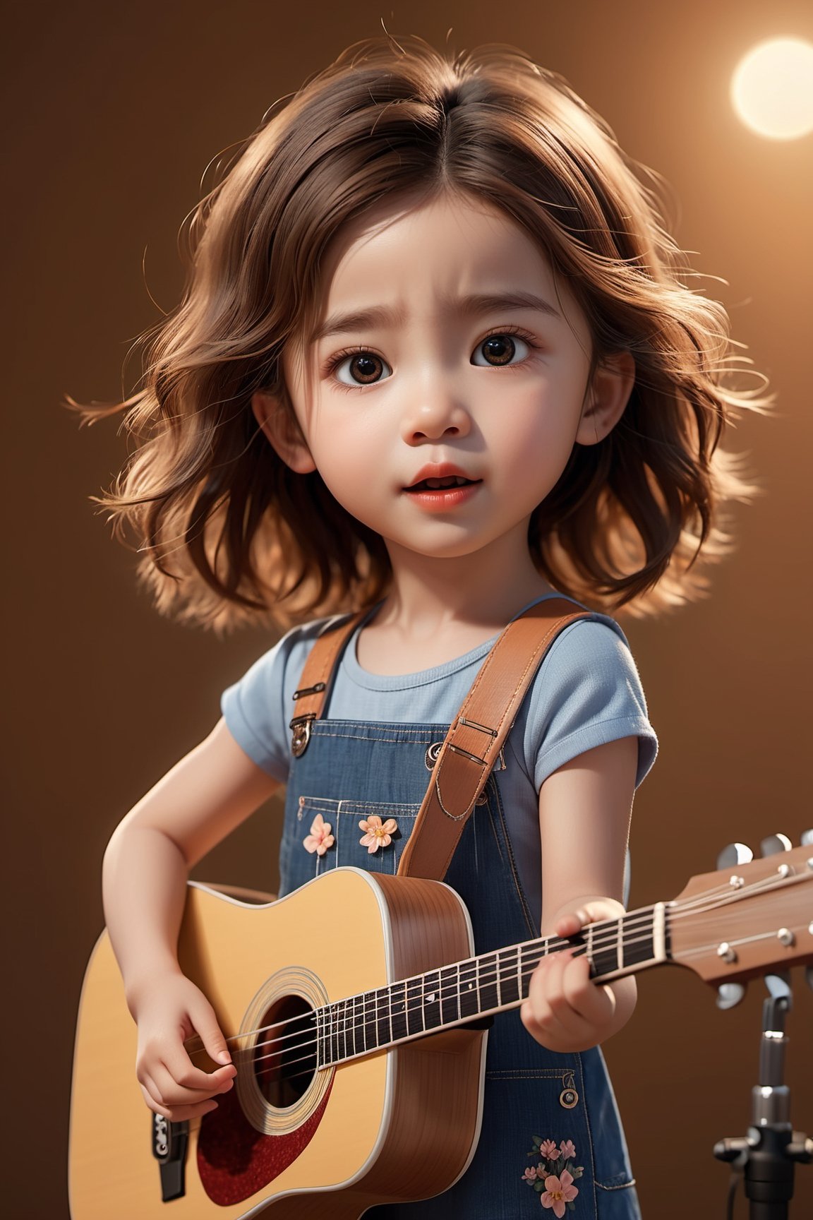 a full body portrait of 1 cute girl, 5yo, cutest vocalist, singing a song with mouth open, playing the guitar, stand microphone, on stage, highly detailed, beautiful detailed face, beautiful detailed eyes, realistic hair, realistic skin texture, 8k resolution, masterpiece, 3d style