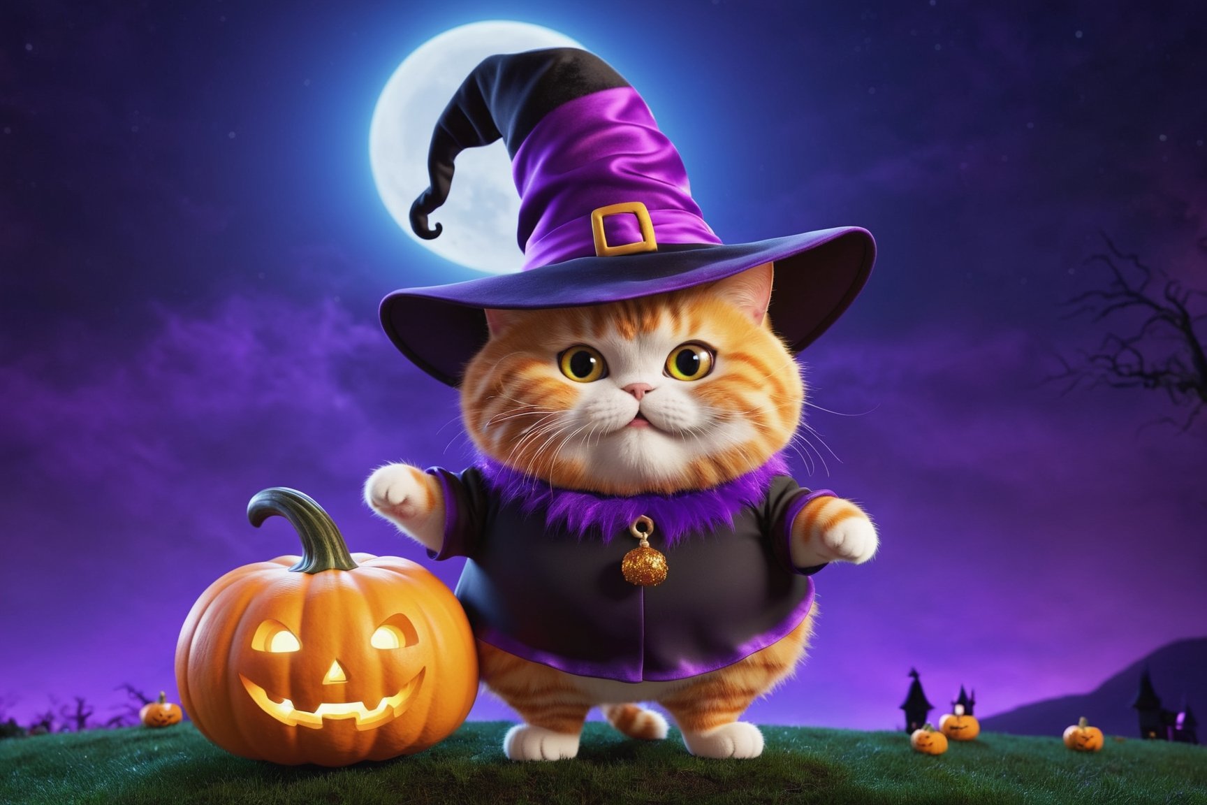 Could you please create a fantastic 3d-rendered illustration of a cute fat cat, wearing a halloween pumpkin costume, a witch purple hat, at night, detailed fur, 8k resolution, masterpiece, very realistic, detailed background, depth of field, 3d style