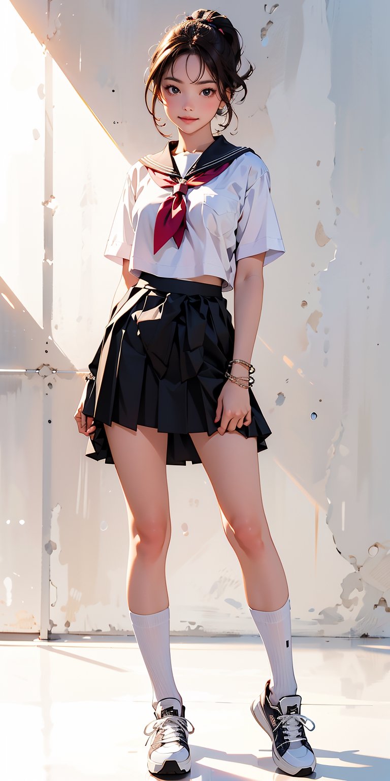 (best quality), ((masterpiece)), (highres), illustration, original, extremely detailed, (二次元大系·御姐篇_V1.0:0.7)zlqs, 1girl, skirt, solo, shoes, full body, white background, school uniform, brown hair, black skirt, simple background, smile, looking at viewer, jewelry, pleated skirt, clothes around waist, short sleeves, breasts, standing, sneakers, white shirt, bracelet, ponytail, shirt, serafuku, neckerchief, sailor collar, bangs, large breasts, socks, purple eyes, jacket, closed mouth, black sailor collar, sweater ,Realism