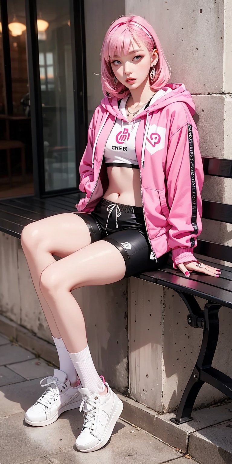 woman, solo, looking at viewer, bangs, long sleeves, navel, twintails, brown eyes, jewelry, sitting, jacket, full body, pink hair, earrings, open clothes, shoes, shorts, socks, midriff, hood, blunt bangs, medium hair, open jacket, lips, crop top, hoodie, white footwear, hood down, white socks, bike shorts, sneakers, pink nails, realistic, drawstring, bench, pink jacket