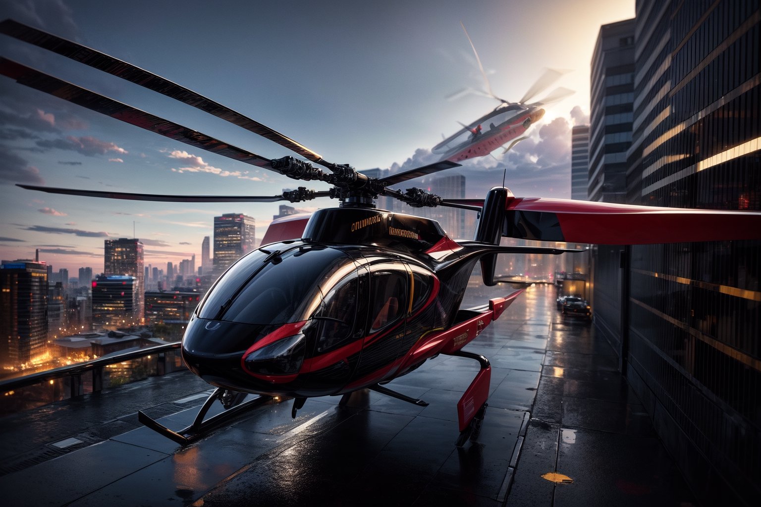 "Create bold helicopter designs, blending innovative aesthetics with aerodynamic efficiency. Imagine inspiring backgrounds, such as modern urban landscapes or wild exotic environments, to fuel your creativity."