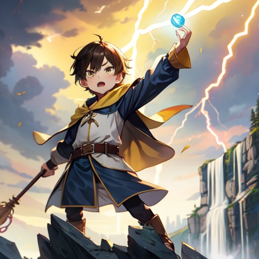 Kid, wizard, 1boy, little boy, (((throwing lightning))), medieval clothes, archimade dress:1.8, lightnings clouds, ((angry look)), dark background, launching spell, magic, (air floating rocks:1.1), (((yellow lightning aura))), 

((dark clouds sky:1.2, waterfall background:1.3)), sunny day, ((natural light:1.2)) back view, ((3/4 body)), (looking at viewer), 